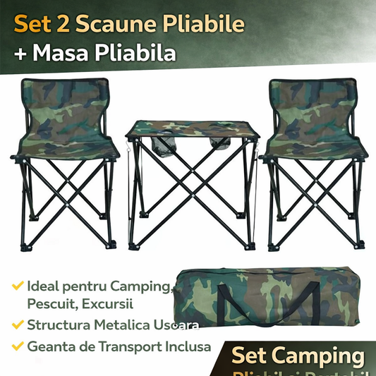 Set Camping Pliabil 3 Piese – 2 Scaune si Masuta Camuflaj cu Geanta Transport, Ideal pentru Pescuit si Drumetii