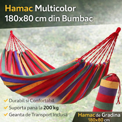Hamac Multicolor 180x80 cm din Bumbac – Hamac Gradina si Camping cu Sistem de Prindere Inclus