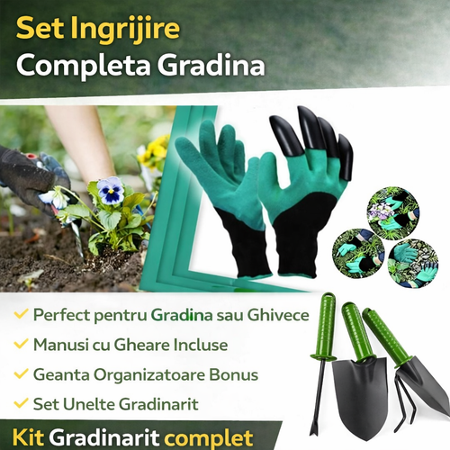Set Unelte Gradina 4 Piese cu Manusi pentru Plantare – Lopatica, Grebla, Cultivator si Accesorii pentru Gradinarit