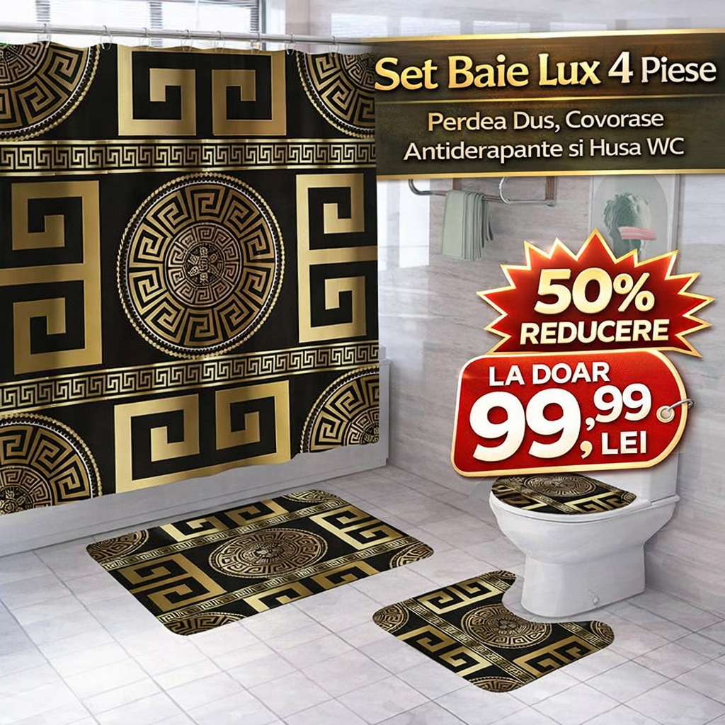 Set Pentru Baie Premium cu 4 Piese: Perdea, Covorase Si Husa De Toaleta - Versace