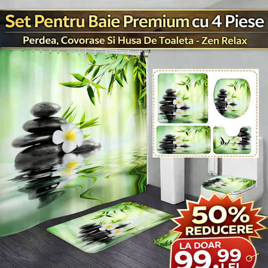 Set Pentru Baie Premium cu 4 Piese: Perdea, Covorase Si Husa De Toaleta - Zen Relax