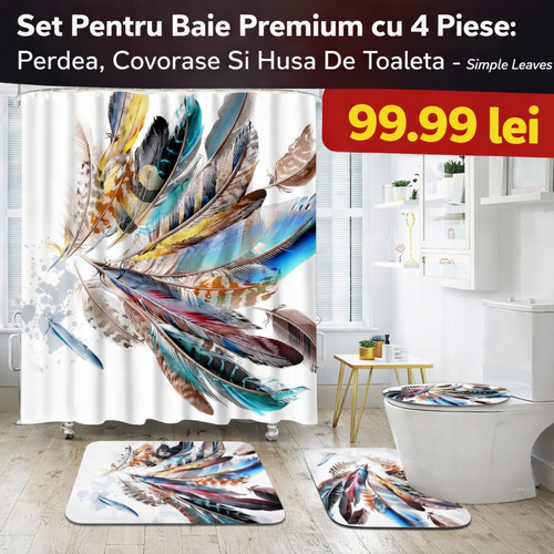 Set Pentru Baie Premium cu 4 Piese: Perdea, Covorase Si Husa De Toaleta - Simple Leaves
