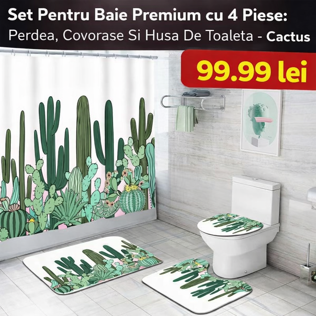 Set Pentru Baie Premium cu 4 Piese: Perdea, Covorase Si Husa De Toaleta - Cactus Plant