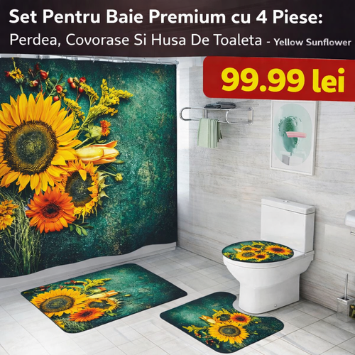 Set Pentru Baie Premium cu 4 Piese: Perdea, Covorase Si Husa De Toaleta - Yellow Sunflower