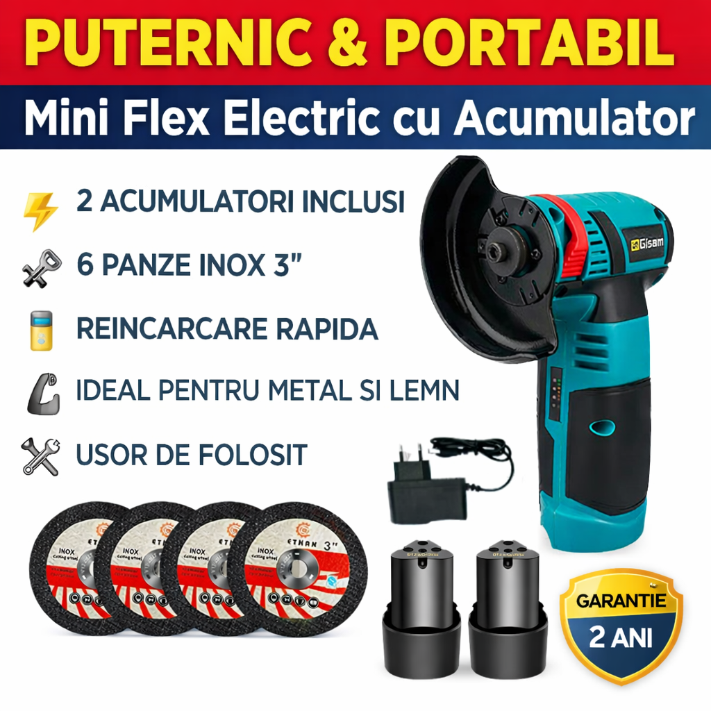 Mini Polizor GrinderPro 500W cu 2 Acumulatori 48V si 6 Discuri Incluse, Portabil si Puternic pentru Taiat Metal si Lemn