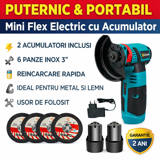 Mini Polizor GrinderPro 500W cu 2 Acumulatori 48V si 6 Discuri Incluse, Portabil si Puternic pentru Taiat Metal si Lemn