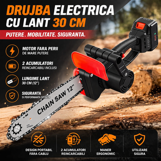 Drujba  Electrica cu Lant 30 cm, Motor fara Perii de Mare Putere, 2 Acumulatori Reincarcabili, Design Portabil fara Cablu, Siguranta si Performanta Sporita