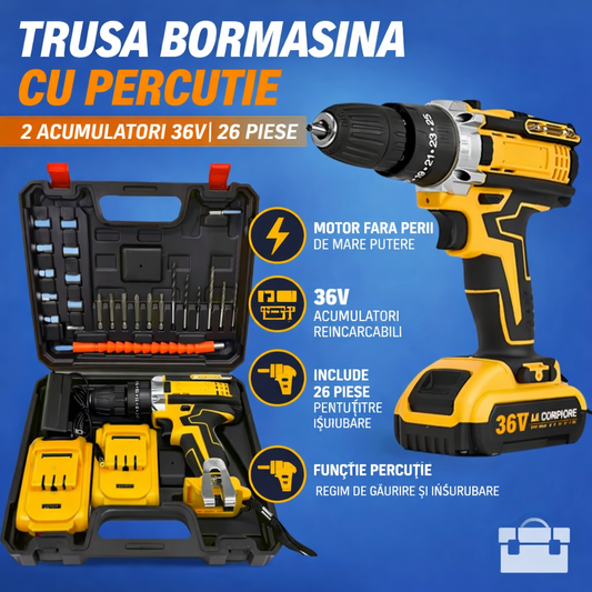 Trusa Bormasina cu Percutie 36V, 2 Acumulatori, 26 Accesorii, Autofiletanta Profesionala, Putere Mare, Cutie Transport Inclusa