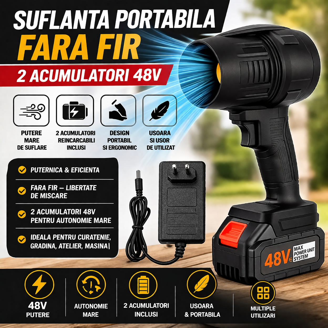 Suflanta Profesionala Fara Fir 48V, 2 Acumulatori, Jet Aer Puternic, Ideala pentru Gradina, Masina si Atelier