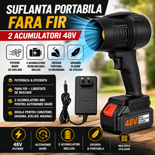 Suflanta Profesionala Fara Fir 48V, 2 Acumulatori, Jet Aer Puternic, Ideala pentru Gradina, Masina si Atelier