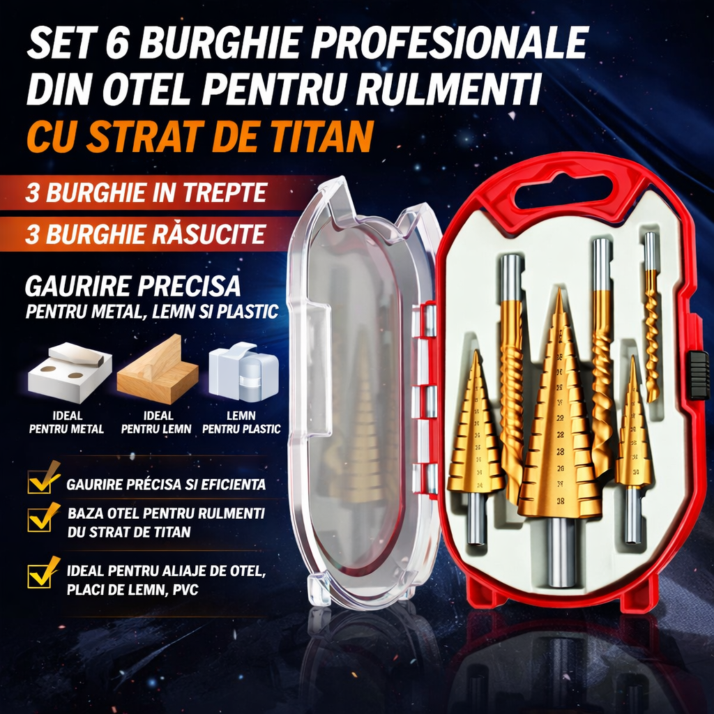 Set 6 Burghie Profesionale din Otel pentru Rulmenti cu Strat de Titan, 3 Burghie in Trepte si 3 Burghie Rasucite, Gaurire Precisa pentru Metal, Lemn si Plastic