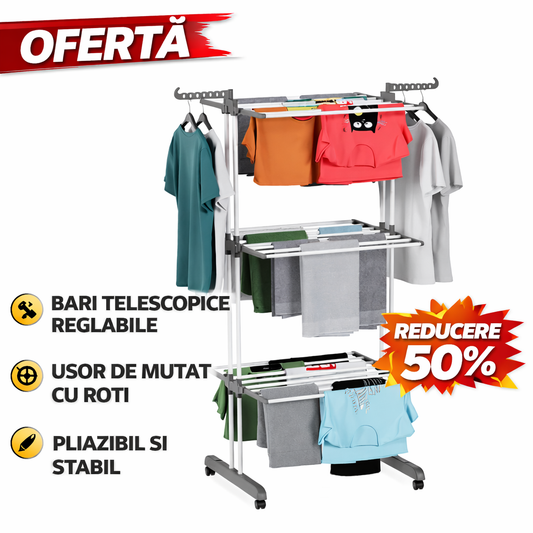 Uscator Rufe Profesional cu 3 Niveluri, Bari Telescopice, Mobil cu Roti, Stabil si Usor de Depozitat