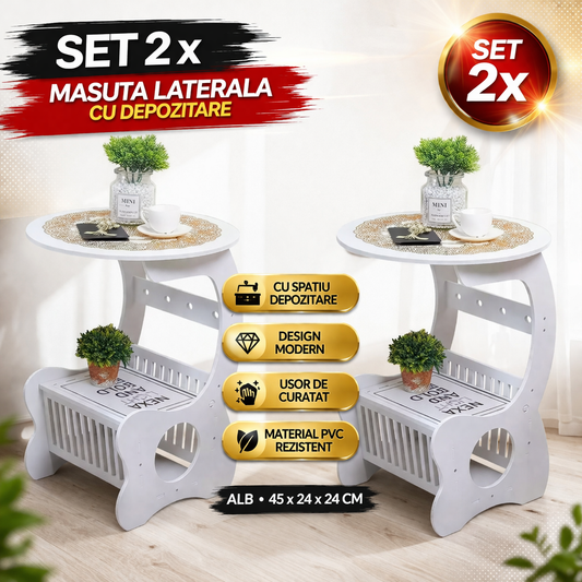 Set 2 x Masuta Rotunda Alba, cu Spatiu Depozitare, Design Modern, din PVC, Ideala pentru Living, Dormitor sau Balcon
