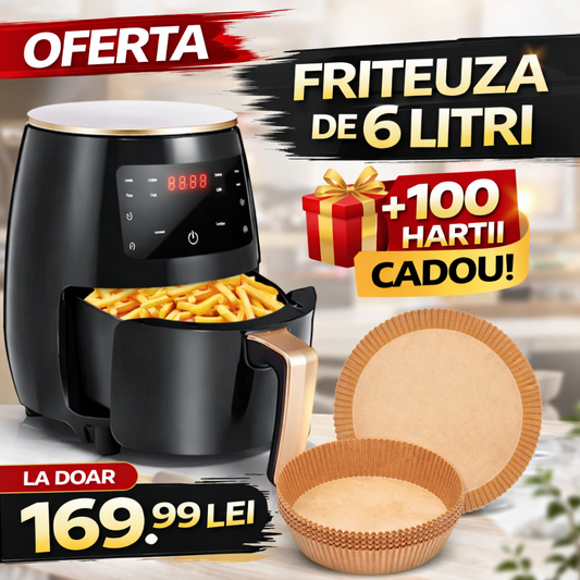 Air Fryer - Friteuza fara Ulei 6 Litri, Display Digital, 2400 W, Functie de Coacere + 100 Hartii Cadou