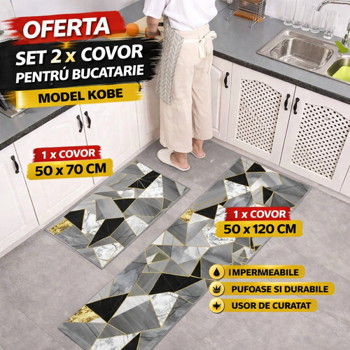 Set 2 x Covor pentru Bucatarie Model Kobe, Rezistent, Usor de Curatat, Design Modern