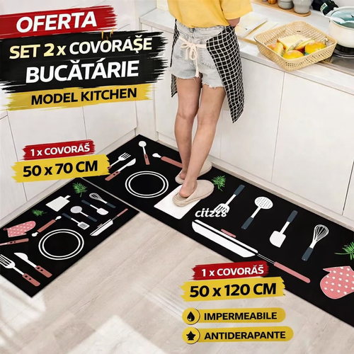 Set 2 x Covor pentru Bucatarie Model Kitchen, Rezistent, Usor de Curatat, Design Modern