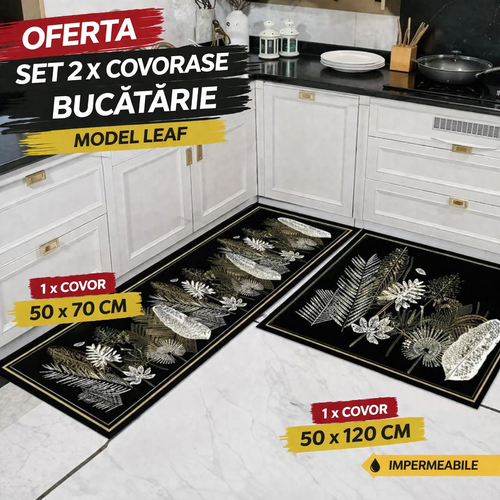 Set 2 x Covor pentru Bucatarie Model Leaf, Rezistent, Usor de Curatat, Design Modern
