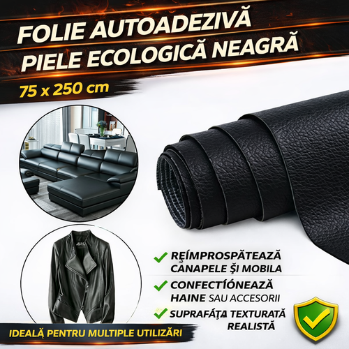 Folie Autoadeziva Piele Ecologica Neagra 75x250 cm, Material Premium, Rezistenta, Ideala pentru Mobilier si Decor Interior