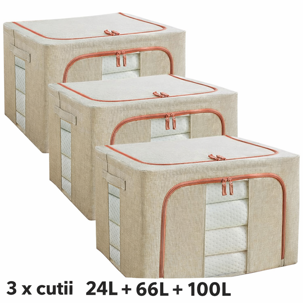 Set 3 x Cutie Pliabila cu Fermoar si Fereastra pentru Depozitare 24L + 66L + 100L, Crem