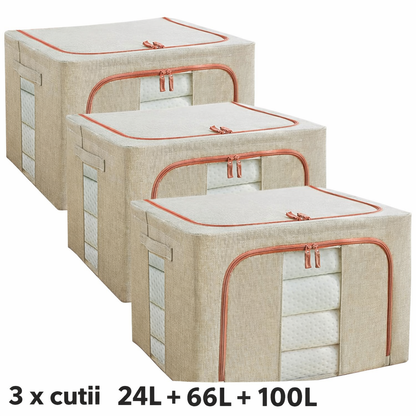 Set 3 x Cutie Pliabila cu Fermoar si Fereastra pentru Depozitare 24L + 66L + 100L, Crem