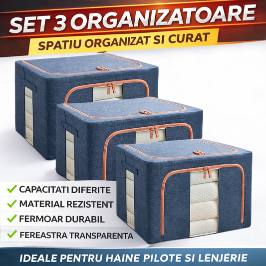 Set 3 x Organizator Pliabil cu Fermoar si Fereastra pentru Depozitare 24L + 66L + 100L, Albastru