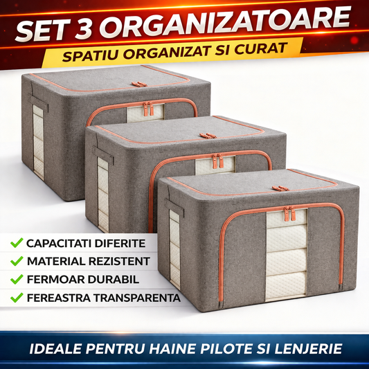 Set 3 x Organizator Pliabil cu Fermoar si Fereastra pentru Depozitare 24L + 66L + 100L, Gri