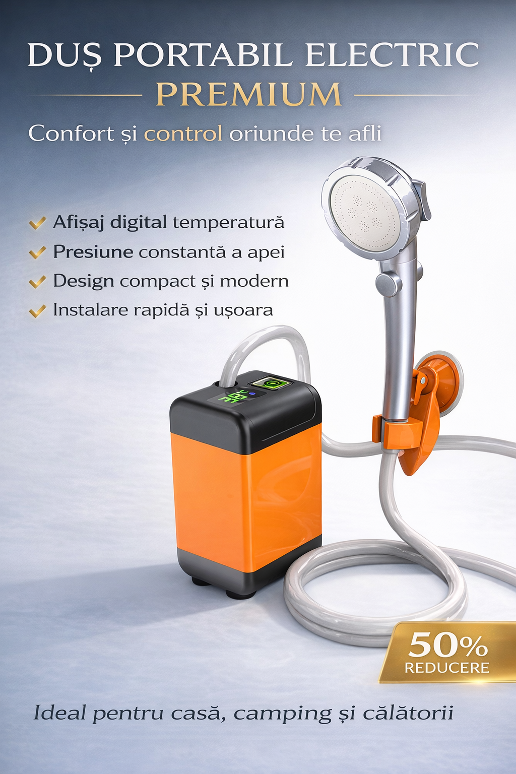 Dus Portabil pentru Camping cu Pompa Electrica si Afisaj Digital, 3 Moduri de Pulverizare, Autonomie Pana La 110 Minute, Furtun 2 m si Accesorii Complete