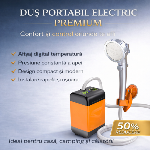 Dus Portabil pentru Camping cu Pompa Electrica si Afisaj Digital, 3 Moduri de Pulverizare, Autonomie Pana La 110 Minute, Furtun 2 m si Accesorii Complete