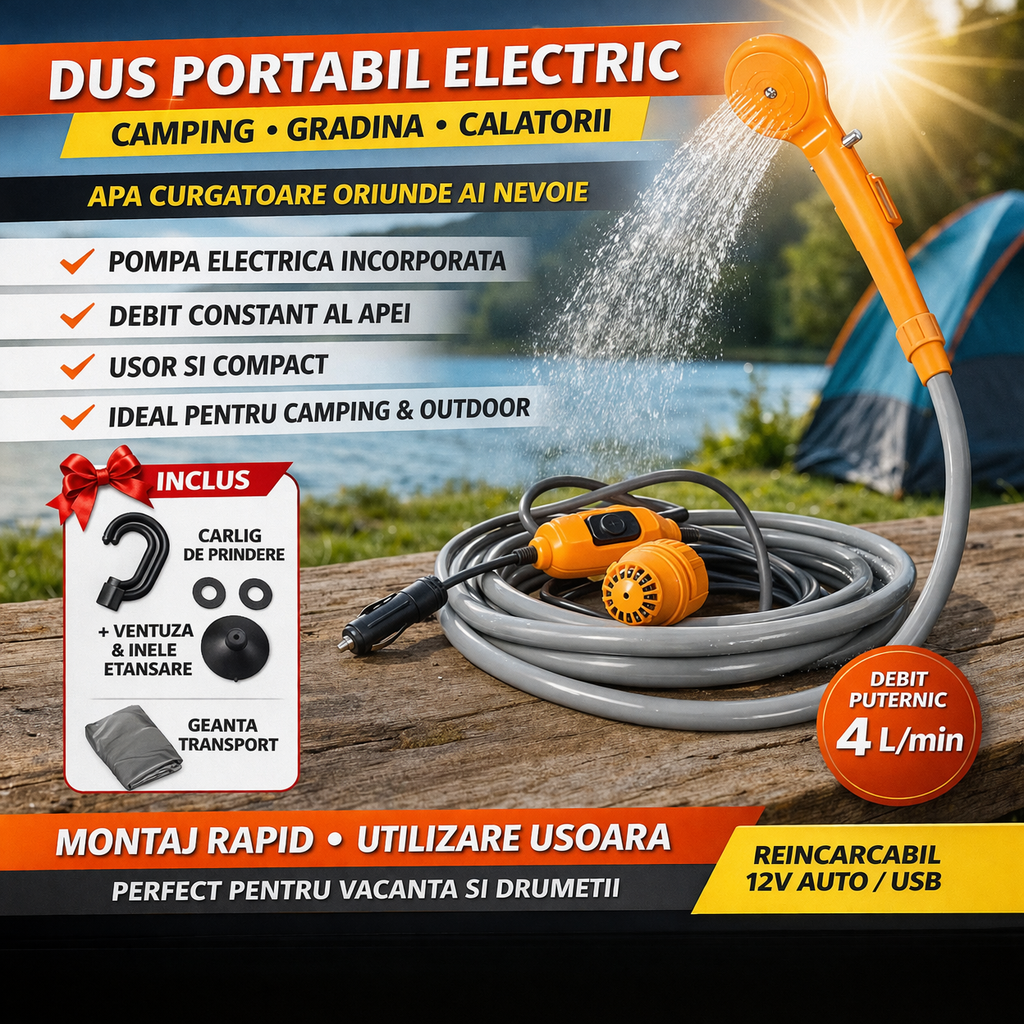 Dus Portabil Electric 12V / 220V pentru Camping, Gradina si Calatorii, Pompa Electrica, Cap Dus cu Presiune Constanta
