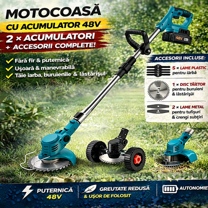 Motocoasa Electrica Profesionala cu 2 Acumulatori 48V – 13000 mAh, 20000 RPM, Set Complet pentru Tuns Iarba si Buruieni
