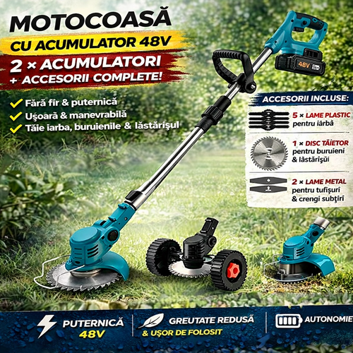 Motocoasa Electrica Profesionala cu 2 Acumulatori 48V – 13000 mAh, 20000 RPM, Set Complet pentru Tuns Iarba si Buruieni