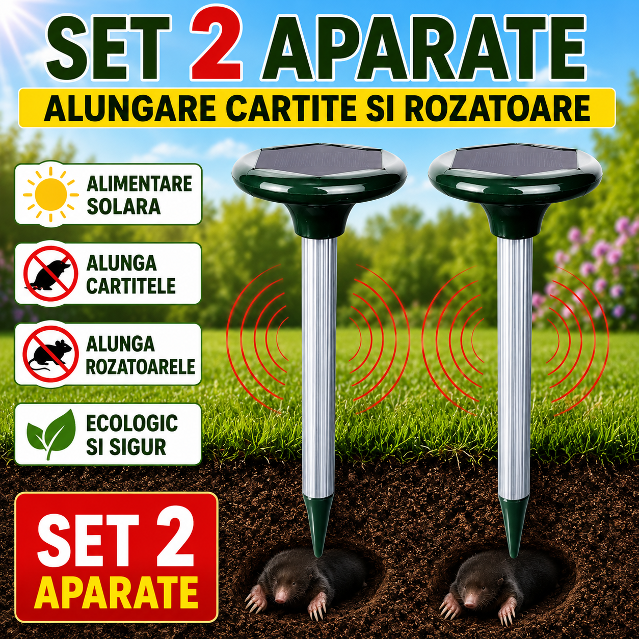 Set 2 x Aparat Solar Impotriva Cartitelor si Rozatoarelor, Ultrasunete si Vibratii cu Alimentare Solara