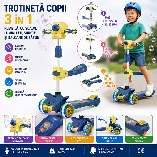Trotineta Copii 3 in 1 Pliabila cu Scaun, Lumini LED, Sunete si Baloane de Sapun, Ghidon Reglabil