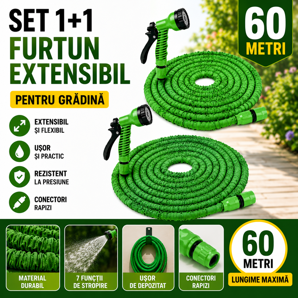 Set 1+1 Furtun Extensibil Gradina 60 Metri cu Accesoriu Multifunctional de Stropit – Furtun Elastic pentru Udat, Spalat si Irigat
