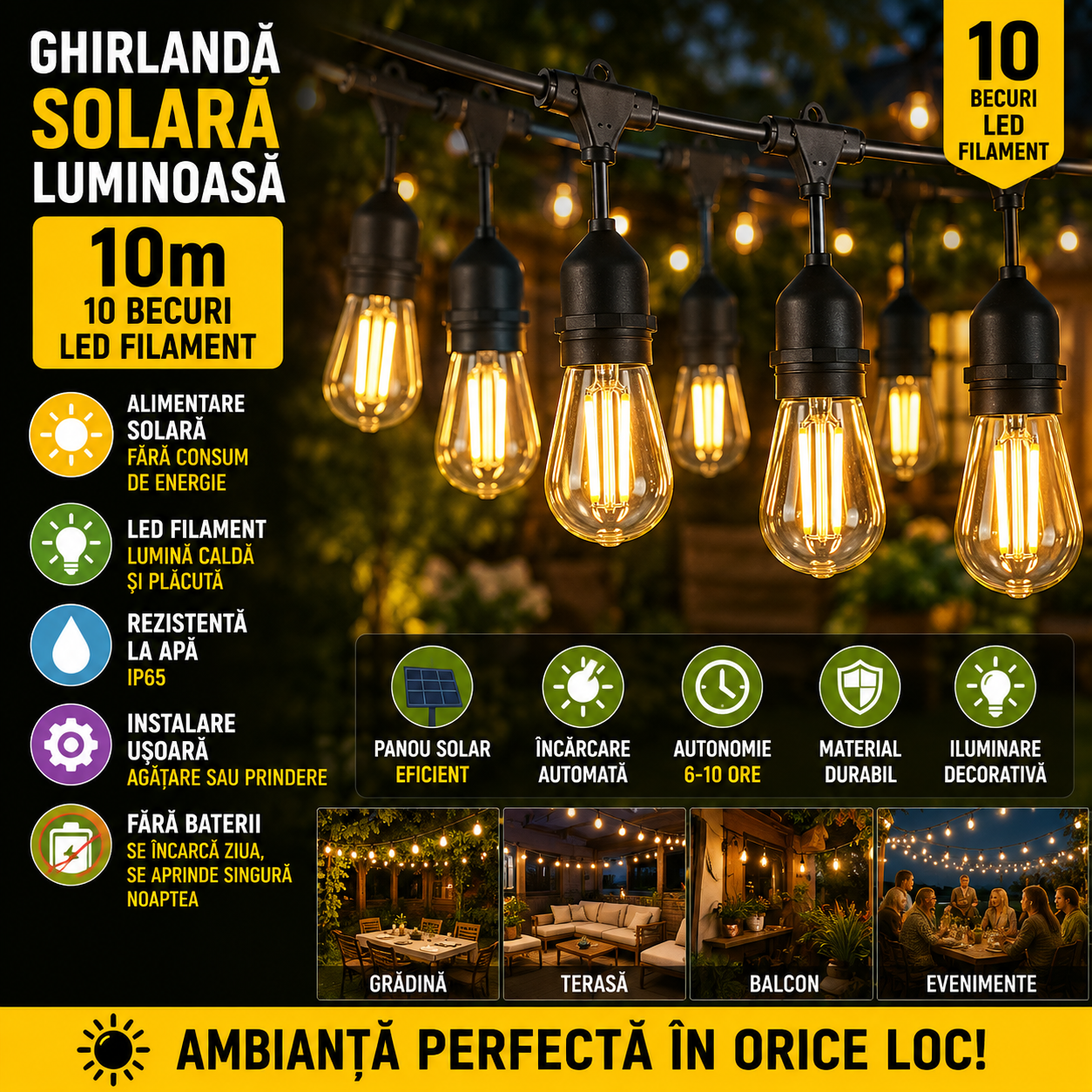 Ghirlanda Solara Luminoasa 10m cu 10 Becuri LED Filament – IP65, Lumina Calda 3000K, Incarcare Solara, Interconectabila