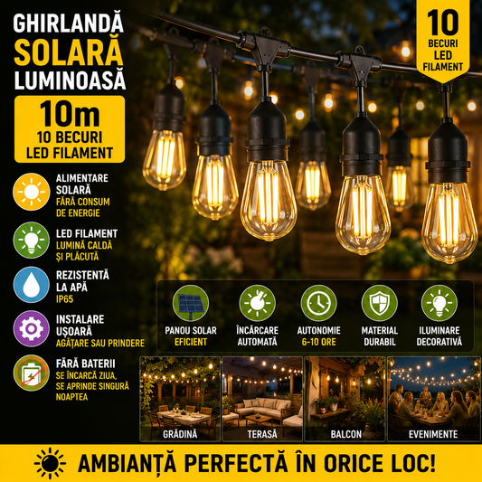 Ghirlanda Solara Luminoasa 10m cu 10 Becuri LED Filament – IP65, Lumina Calda 3000K, Incarcare Solara, Interconectabila