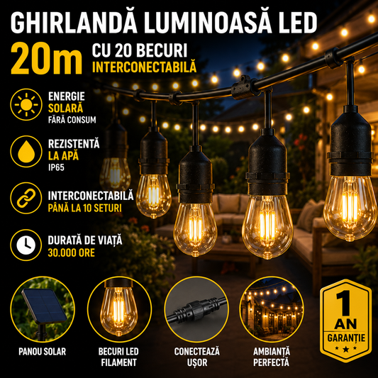 Ghirlanda Luminoasa LED 20m cu 20 Becuri Interconectabila - Lumina Calda, Fasung E27, Rezistenta Exterior IP65, Consum Redus