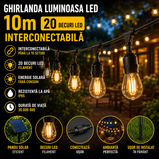 Ghirlanda Luminoasa LED 10m cu 20 Becuri Interconectabila – Lumina Calda, Fasung E27, Rezistenta Exterior IP44, Consum Redus