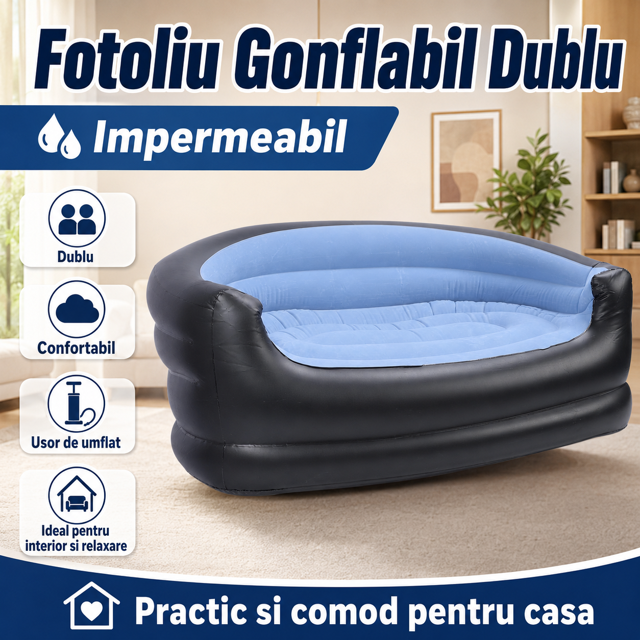 Fotoliu Gonflabil Dublu Impermeabil – Design Ergonomic, Material PVC Si Catifea, Portabil Si Confortabil Pentru Interior Si Exterior