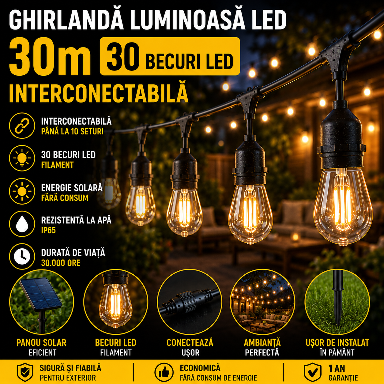 Ghirlanda Luminoasa LED 30m cu 30 Becuri Interconectabila - Lumina Calda, Fasung E27, Rezistenta Exterior IP65, Consum Redus