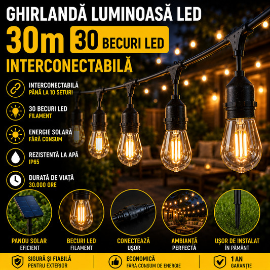 Ghirlanda Luminoasa LED 30m cu 30 Becuri Interconectabila - Lumina Calda, Fasung E27, Rezistenta Exterior IP65, Consum Redus
