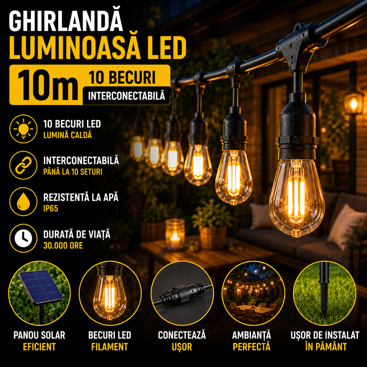 Ghirlanda Luminoasa LED 10m cu 10 Becuri, Interconectabila – Lumina Calda, Fasung E27, Rezistenta Exterior IP44, Consum Redus