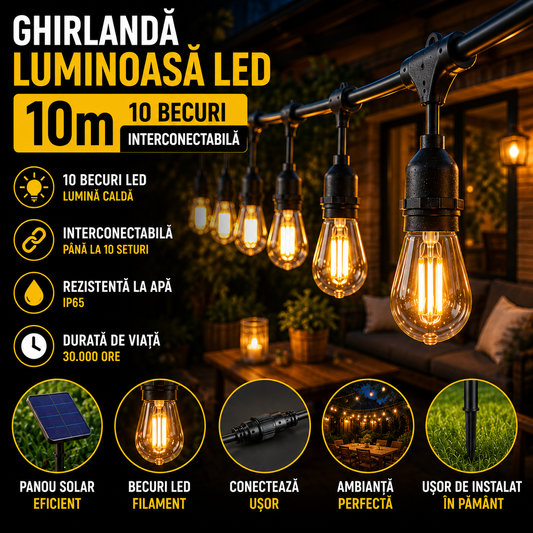 Ghirlanda Luminoasa LED 10m cu 10 Becuri, Interconectabila – Lumina Calda, Fasung E27, Rezistenta Exterior IP44, Consum Redus