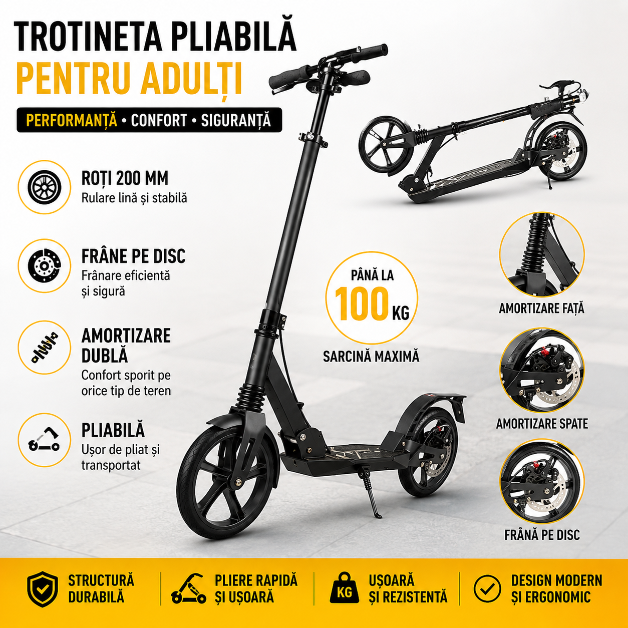 Trotineta Pliabila Pentru Adulti – Roti 200 mm, Frane Pe Disc Si Amortizare Dubla Pentru Confort Si Siguranta