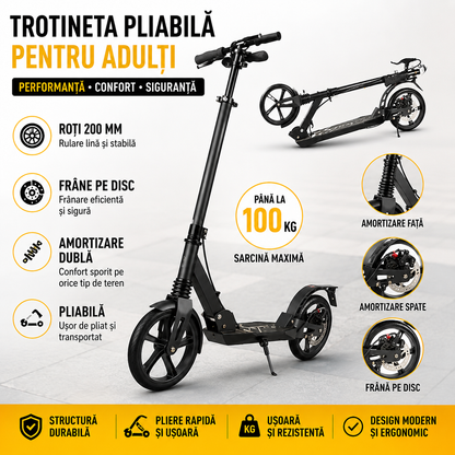 Trotineta Pliabila Pentru Adulti – Roti 200 mm, Frane Pe Disc Si Amortizare Dubla Pentru Confort Si Siguranta