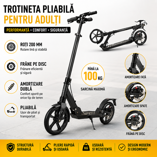 Trotineta Pliabila Pentru Adulti – Roti 200 mm, Frane Pe Disc Si Amortizare Dubla Pentru Confort Si Siguranta