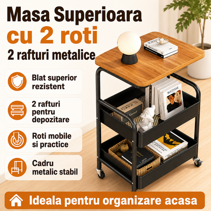 Masa Superioara cu 2 Roti, 2 Rafturi Metalice Depozitare, Organizator Multifunctional Bucatarie, Baie sau Living, 77x43x30 cm