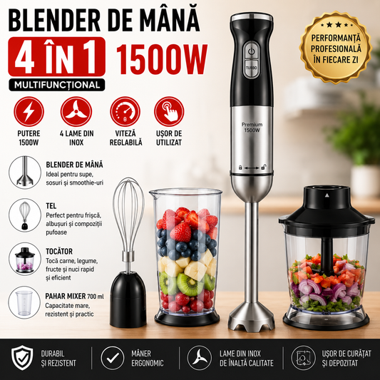 Blender De Mana 4 In 1 1500W Cu Tocator Tel Si Pahar Mixer Vertical Multifunctional Pentru Bucatarie Rapida Si Eficienta
