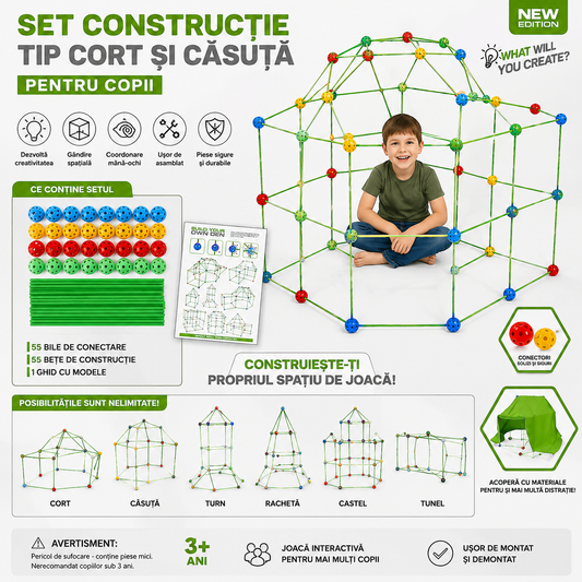 Set Constructie Tip Cort si Casuta pentru Copii – Kit Creativ cu Bare si Conectori, Asamblare Usoara, Joc Educativ pentru Interior si Exterior