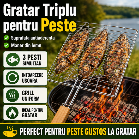Gratar Triplu pentru Peste cu Suprafata Antiaderenta si Maner din Lemn – Intoarcere Usoara, Ideal pentru Gatit Uniform